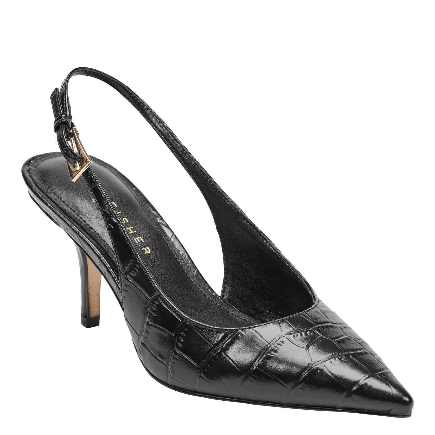 Marc Fisher Dorie Leather Slingback Pump - Embossed Black Croco Leather